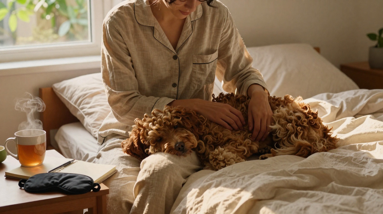 Pessoa com pijama bege sentado na cama a fazer carinho num cão castanho encaracolado.