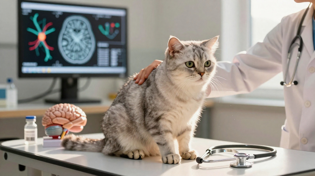 Gato cinzento sentado numa mesa de consulta veterinária com estetoscópio, computador e modelo de cérebro ao fundo.