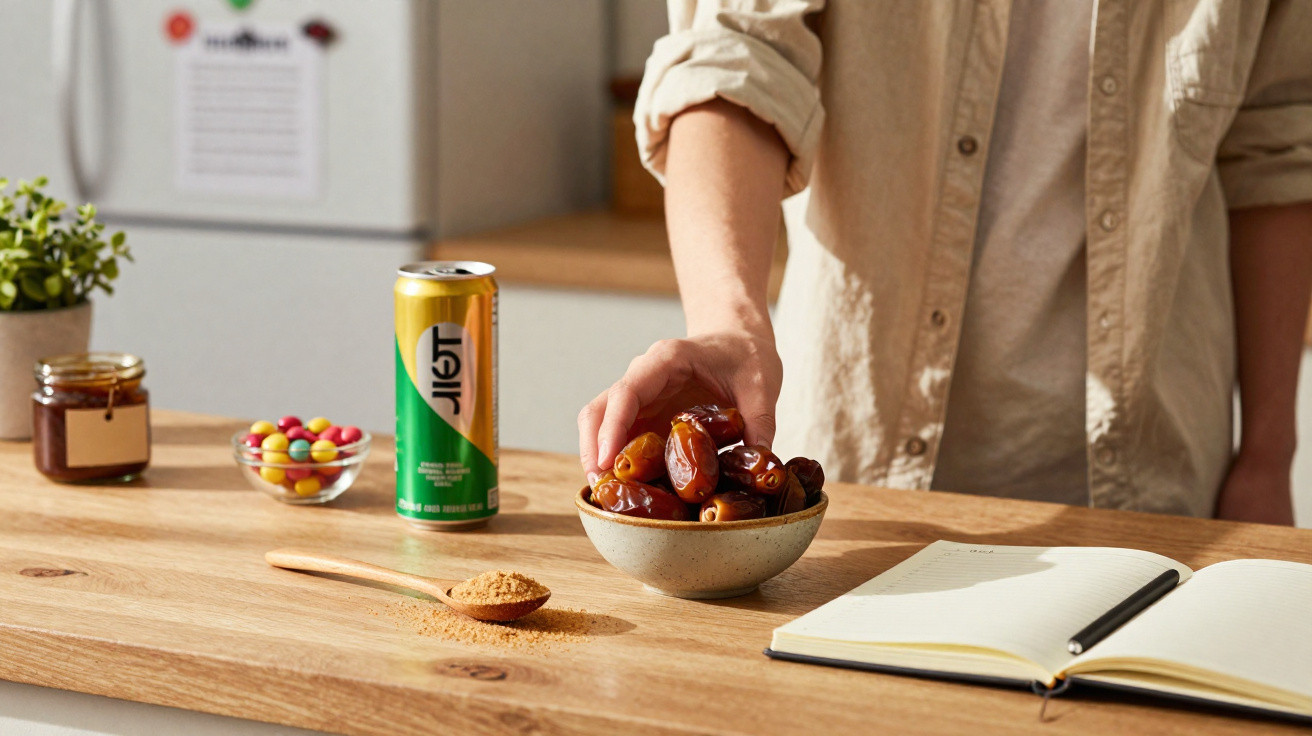 Pessoa apanha tâmaras numa taça sobre mesa com caderno, colher de açúcar, refrigerante, bolachas e planta.