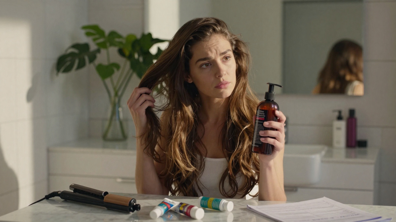 Mulher com expressão pensativa segura frasco de produto capilar enquanto inspeciona o cabelo numa casa de banho.