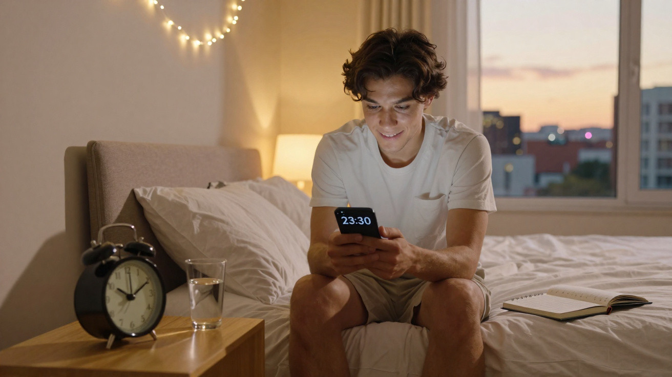 Jovem sentado na cama à noite, a olhar para o telemóvel, com despertador e copo de água na mesa de cabeceira.