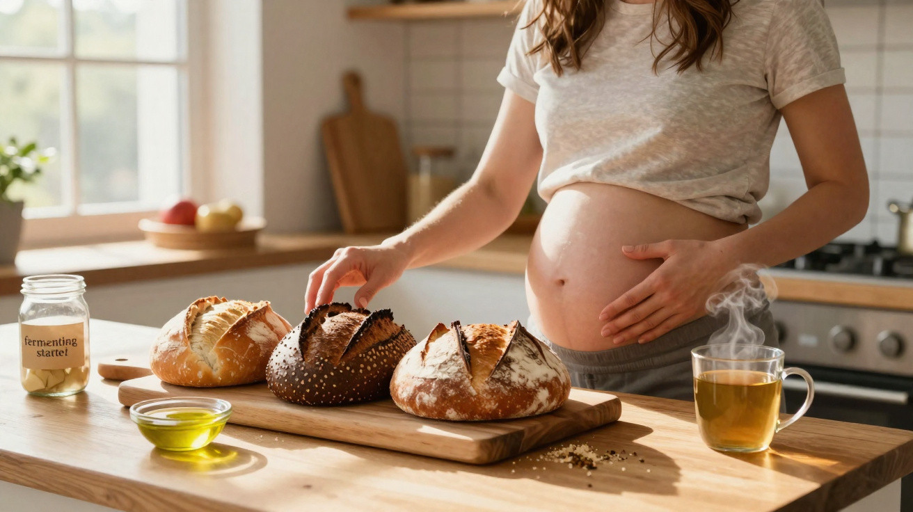 Mulher grávida na cozinha com três tipos de pão, azeite e chá fumegante numa bancada de madeira.