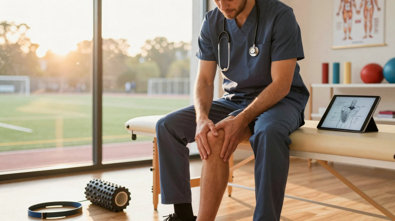 Homem com uniforme médico sentado a segurar o joelho, num consultório com vista para campo desportivo.