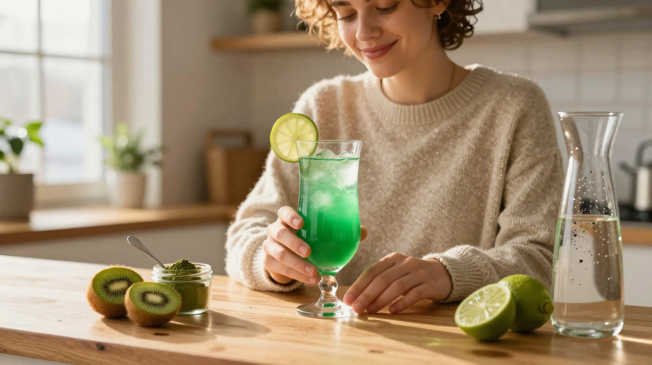 Mulher a segurar bebida verde com gelo e rodela de limão, ao lado de kiwis e jarro de água na cozinha.