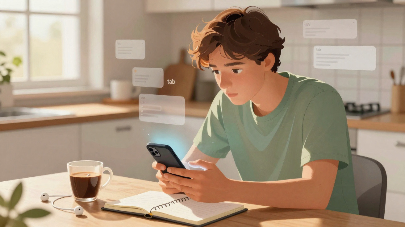 Jovem sentado à mesa, a estudar com telemóvel na mão, chá e auscultadores ao lado, em ambiente acolhedor.