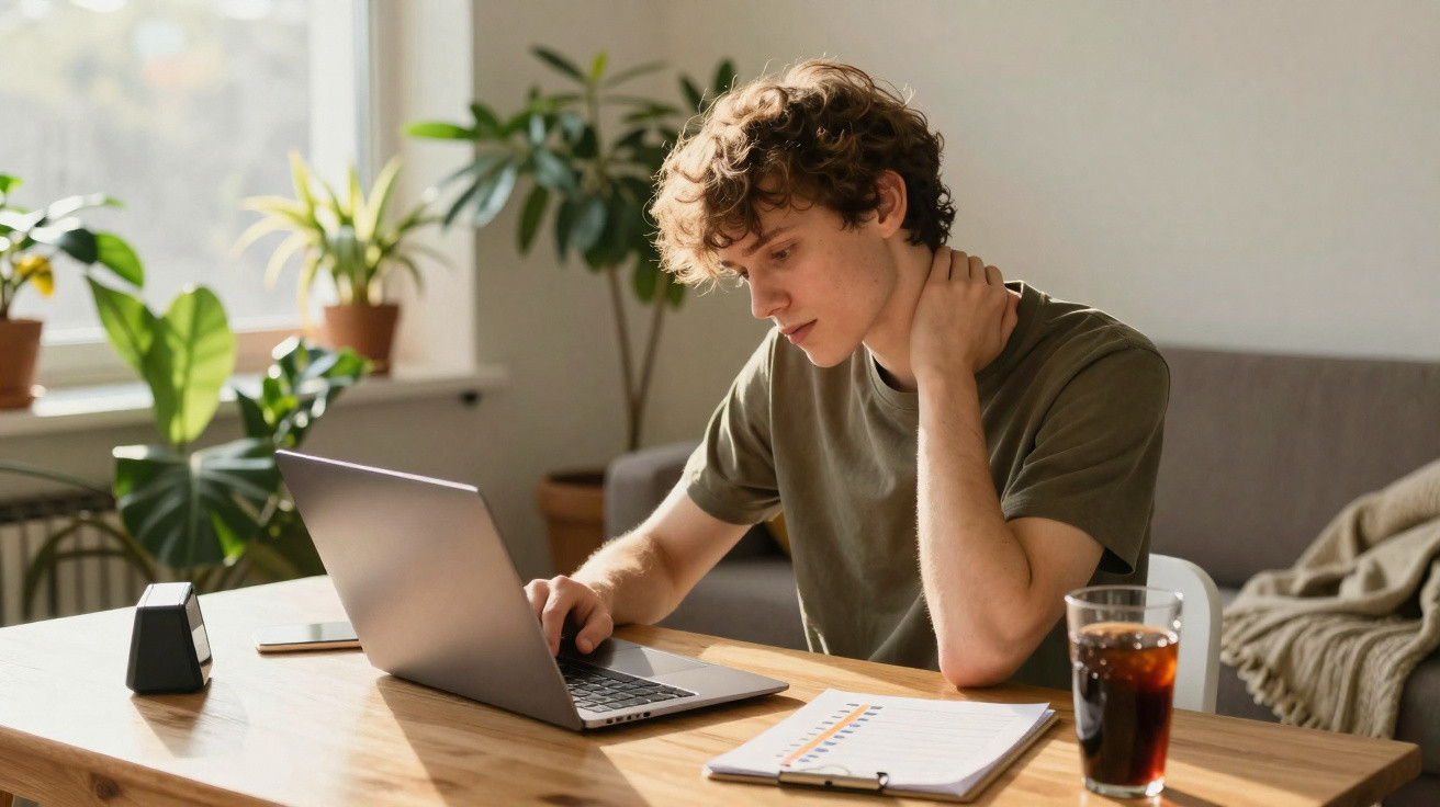 Jovem a trabalhar no computador portátil numa mesa com bloco de notas e bebida num ambiente iluminado e com plantas.