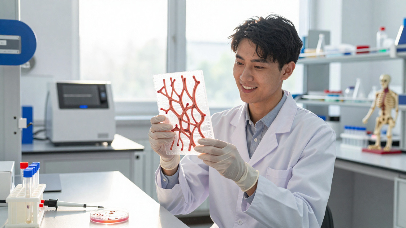 Homem cientista em bata branca examina modelo 3D de vasos sanguíneos no laboratório moderno.