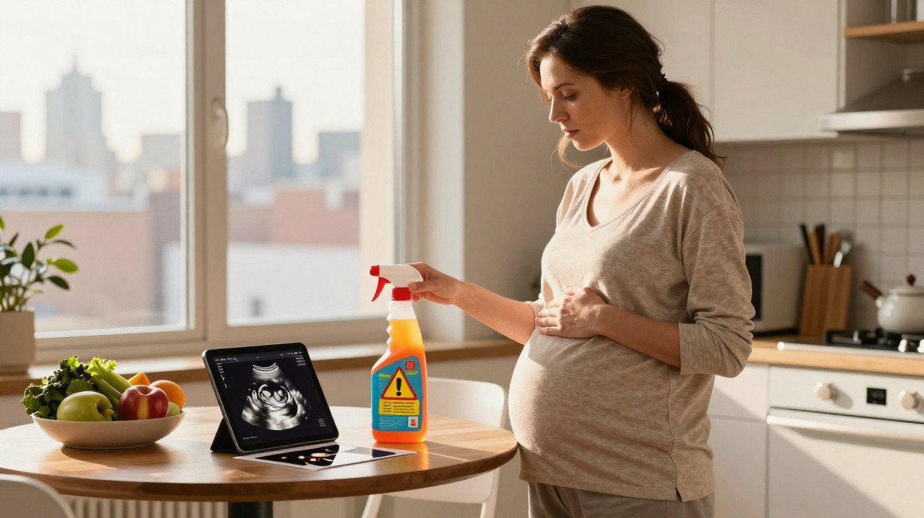 Mulher grávida na cozinha olhando para um produto de limpeza com símbolo de alerta próximo a uma ecografia num tablet.