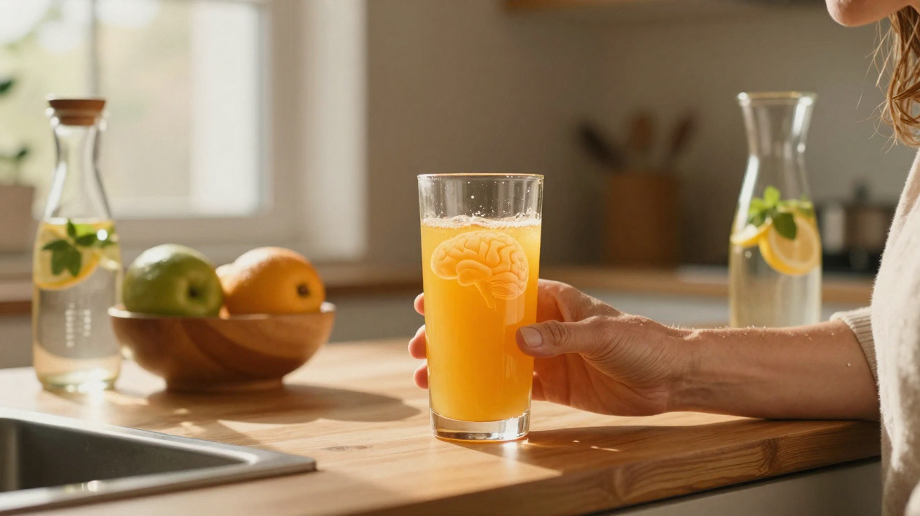 Pessoa a segurar copo com sumo de laranja, mesa com frutos e jarros de água com limão e hortelã.