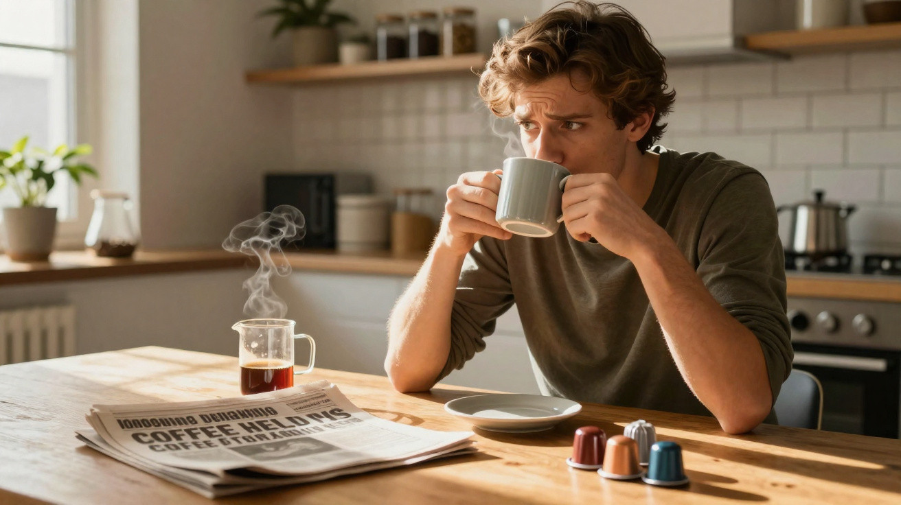 Homem jovem sentado na cozinha a beber café, com jornal e cápsulas na mesa iluminada pela manhã.