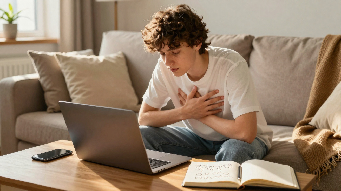 Jovem sentado no sofá com as mãos no peito, ao lado de computador portátil e caderno aberto.
