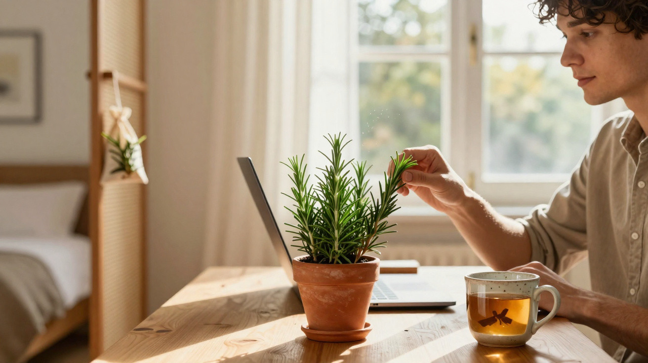 Pessoa a regar planta num vaso de barro numa mesa com computador portátil e chá.