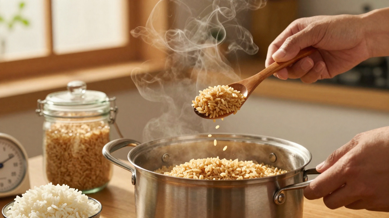 Mãos a mexer arroz em cozedura numa panela de aço com vapor, com tigela e frasco com arroz na bancada de madeira.