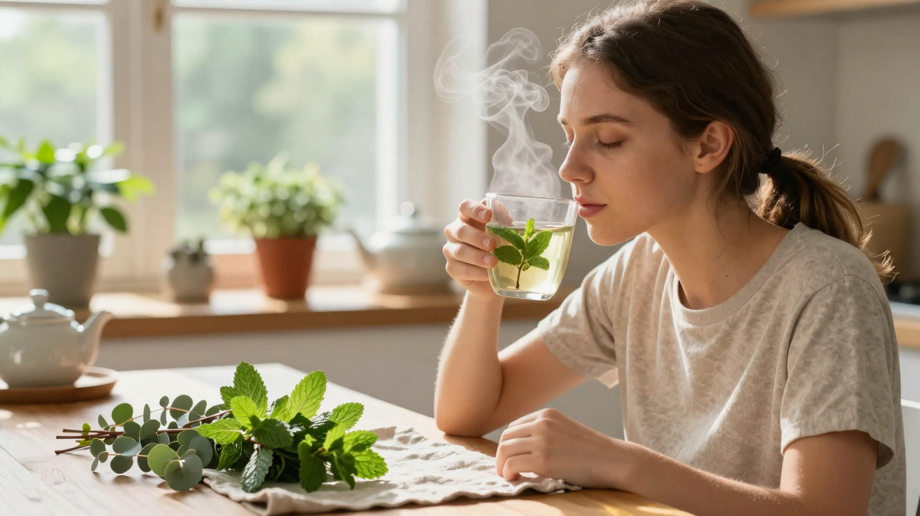 Mulher a cheirar chá quente com folhas frescas numa cozinha iluminada por luz natural.