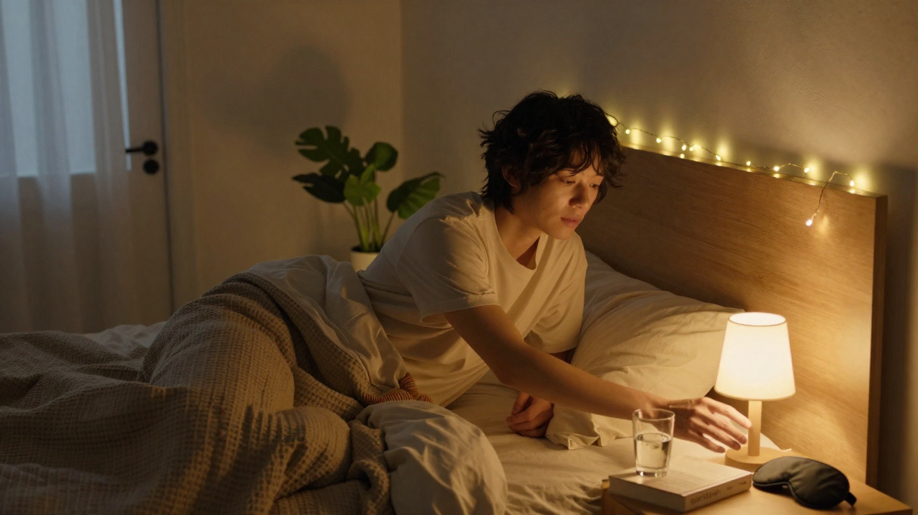 Pessoa deitada na cama a desligar um candeeiro, ambiente acolhedor com luz quente e decoração simples.