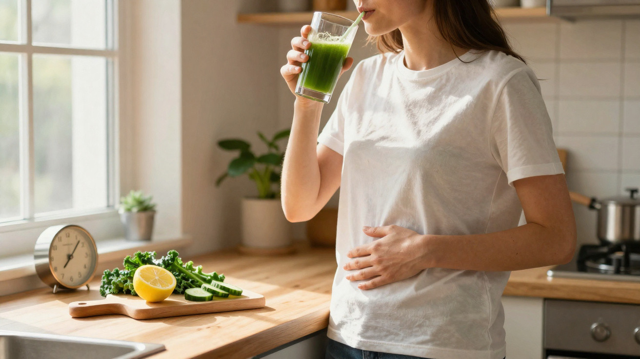 Mulher a beber sumo verde saudável na cozinha, com legumes frescos e limão na bancada ao lado.