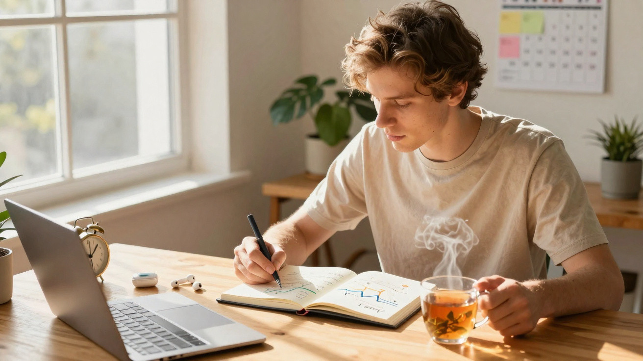 Jovem a estudar com caderno, computador e chá numa mesa junto a uma janela ensolarada.