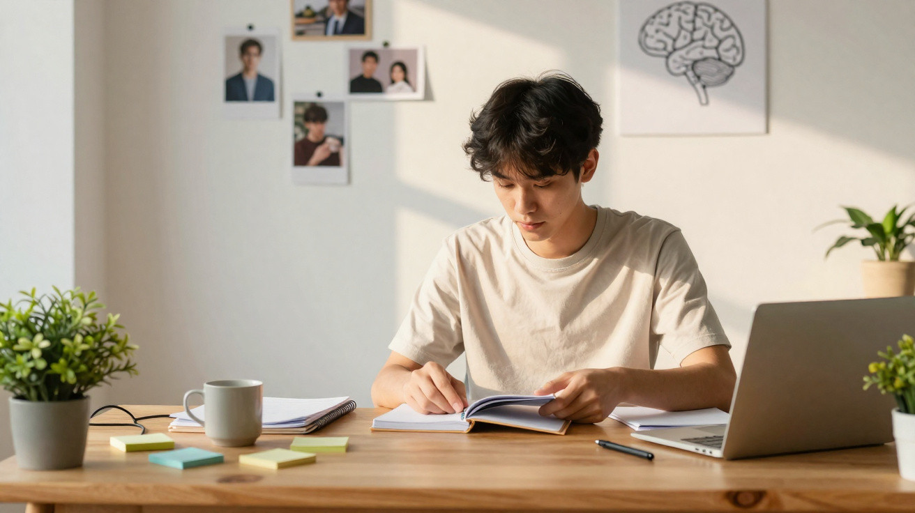 Jovem concentrado a estudar e fazer anotações numa mesa com laptop, cadernos e plantas.