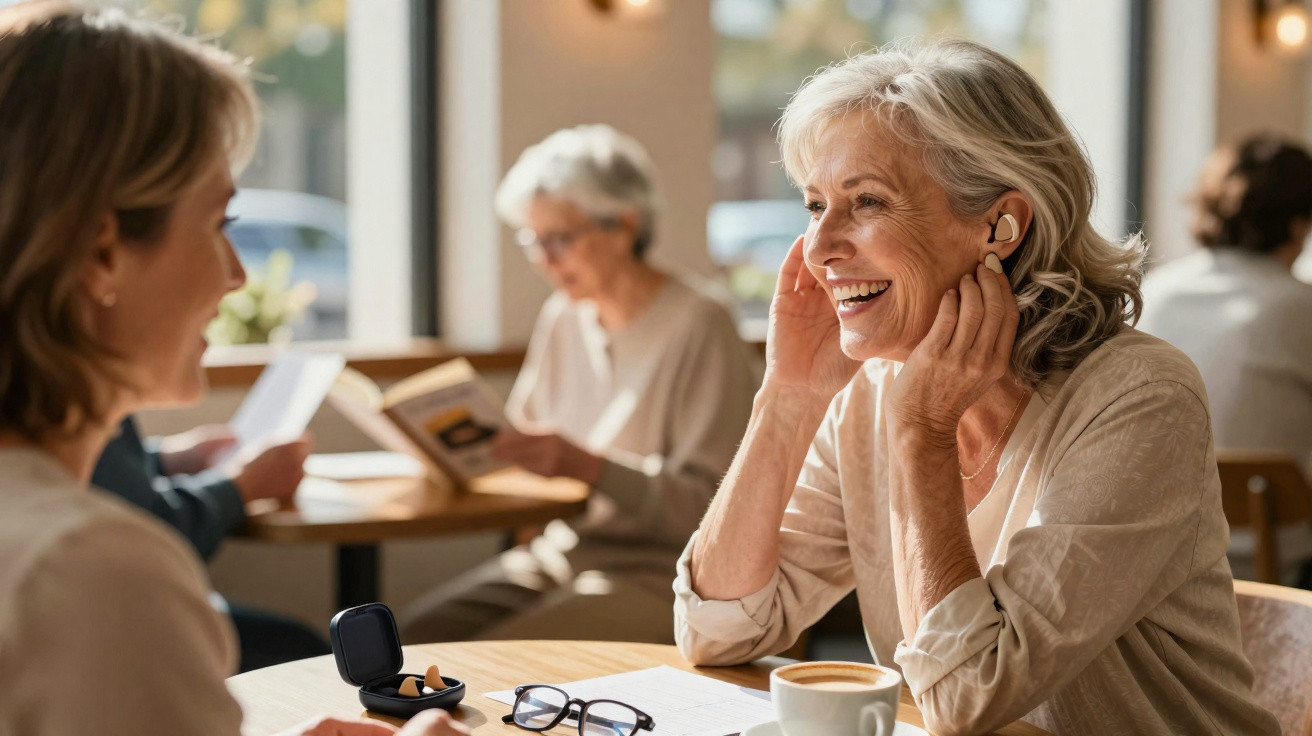 Duas mulheres idosas a conversar num café, enquanto uma delas usa aparelhos auditivos sem fios.
