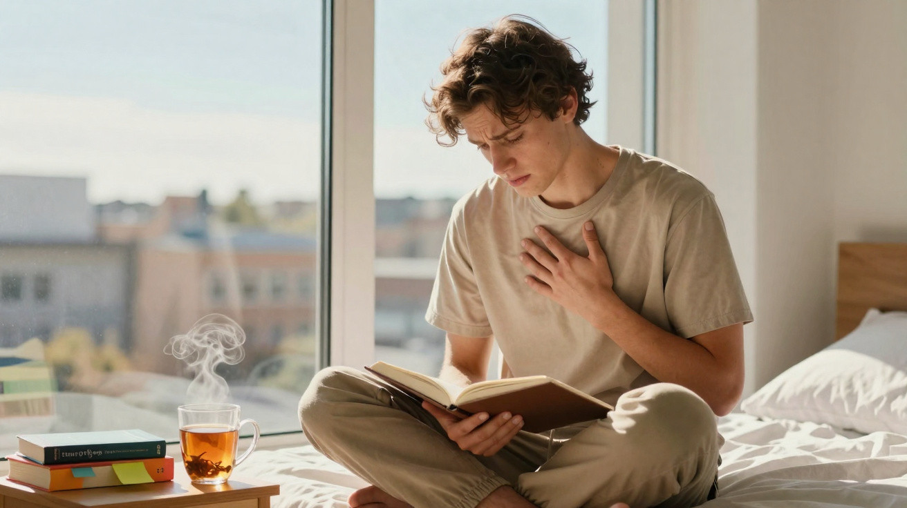Jovem sentado na cama lendo um livro, com a mão no peito, ao lado de chá quente numa mesa ao lado da cama.