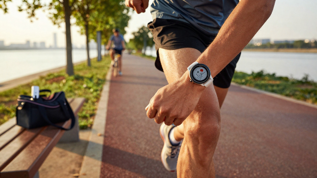 Pessoa a correr numa pista junto a um rio, usando relógio desportivo branco no pulso.