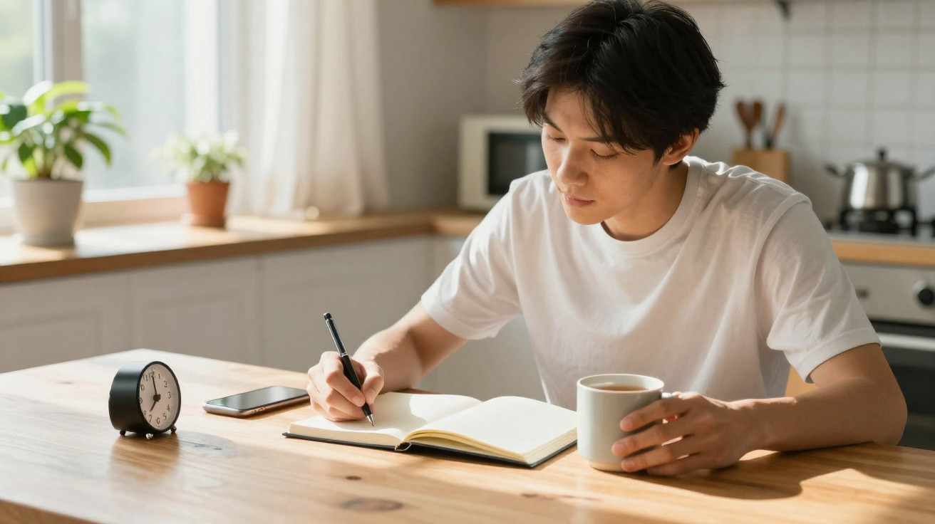 Jovem sentado à mesa na cozinha, escrevendo num caderno e segurando uma caneca de bebida quente.
