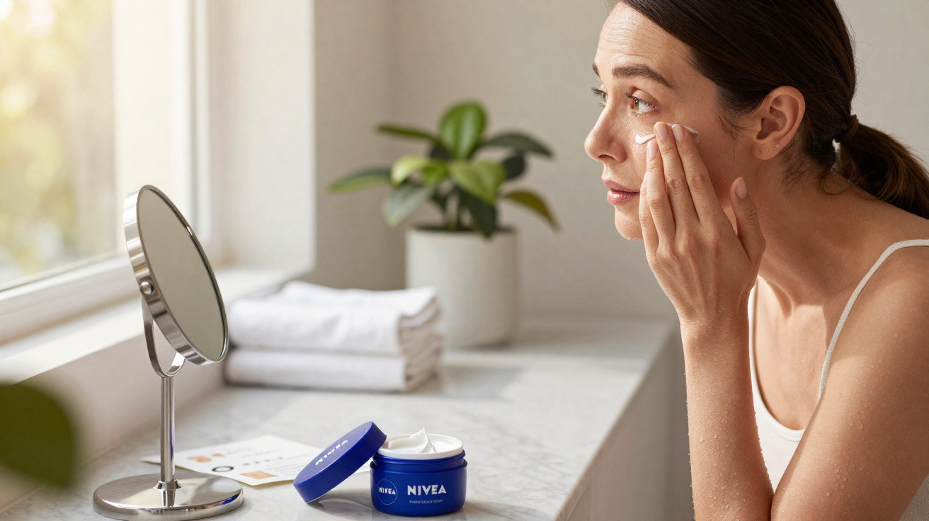 Mulher aplica creme hidratante no rosto à frente de espelho numa mesa com produto Nivea e toalhas.
