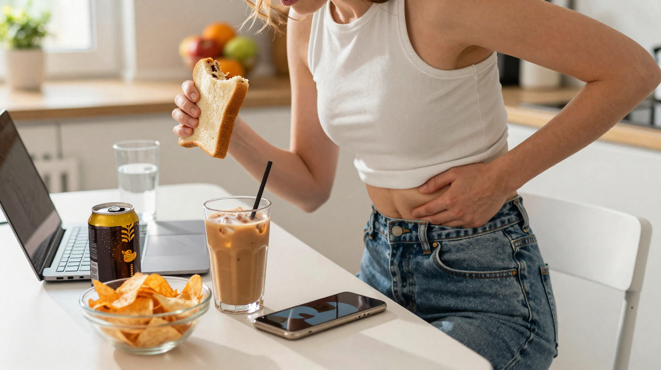 Mulher com dor abdominal enquanto segura pão, sentada numa cozinha com petiscos e bebida numa mesa.