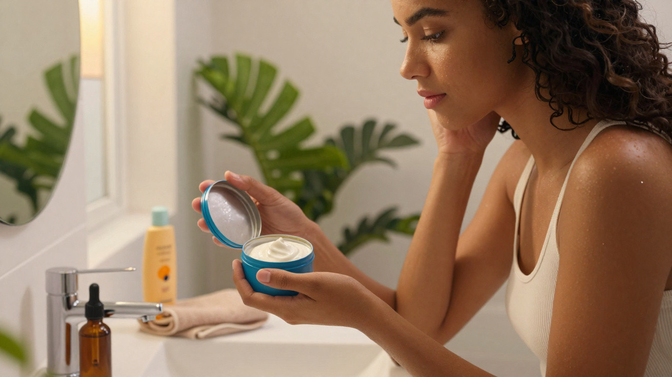 Mulher com blusa branca abre pote de creme facial junto a lavatório com espelho e plantas ao fundo.