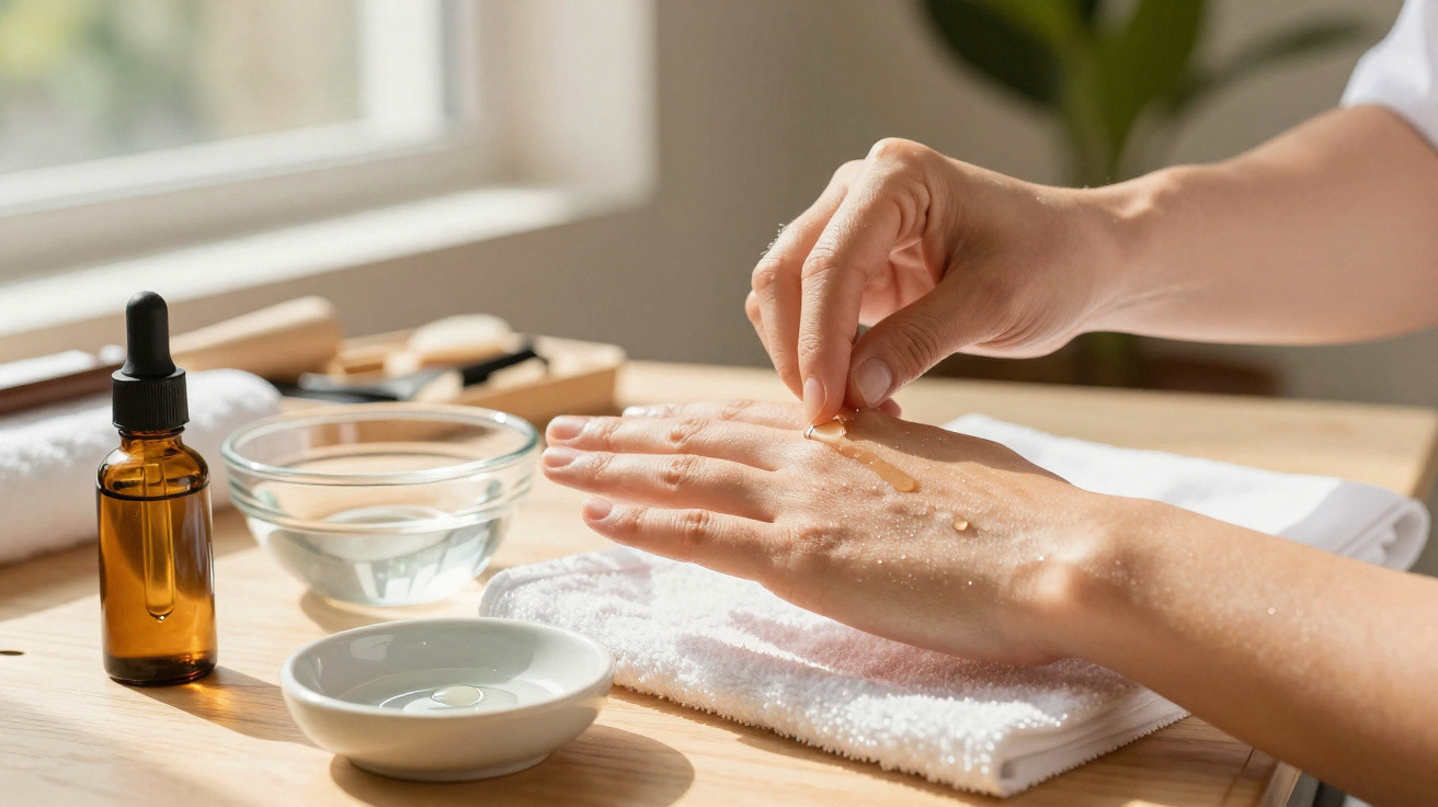 Mãos femininas aplicando óleo hidratante numa mesa com toalha branca e frascos de cosméticos num ambiente iluminado.