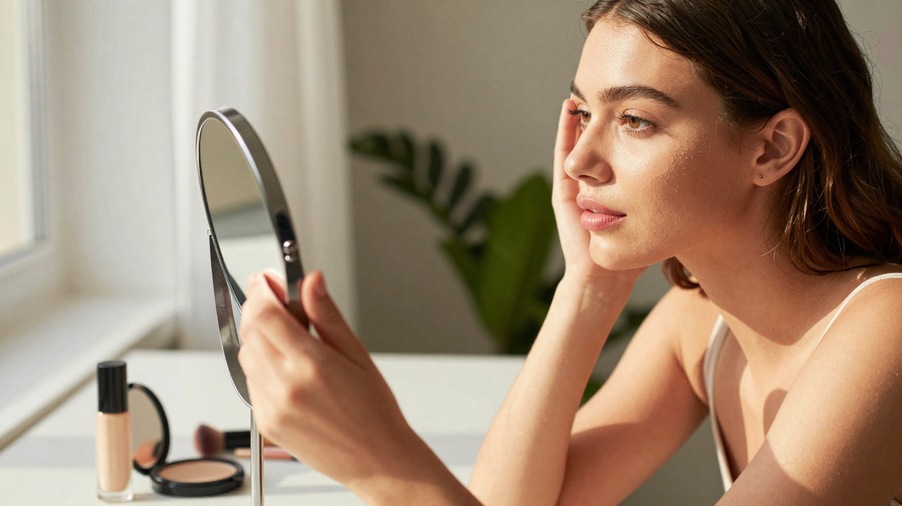 Jovem mulher a observar o rosto no espelho de maquilhagem numa divisão iluminada pela luz natural.