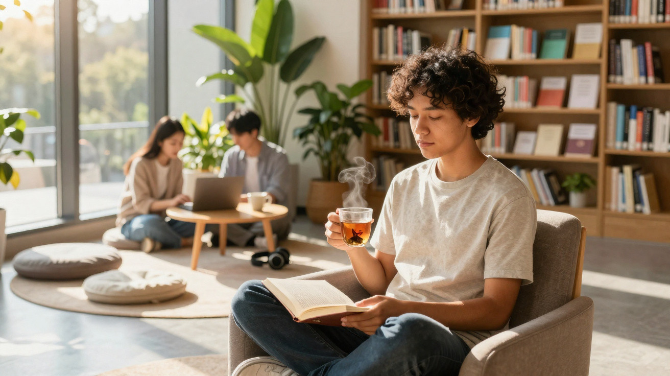 Jovem sentado a ler um livro e a beber chá numa biblioteca luminosa e confortável com outras pessoas ao fundo.