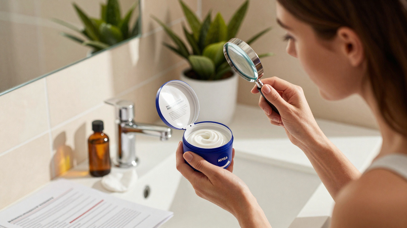 Mulher a examinar creme Nivea com lupa junto a lavatório e planta numa casa de banho.