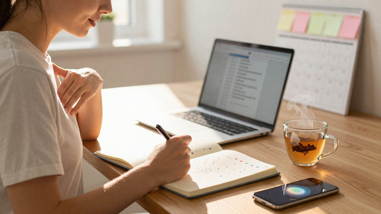 Pessoa a trabalhar num caderno com portátil, chá quente e telemóvel numa mesa em ambiente iluminado natural.