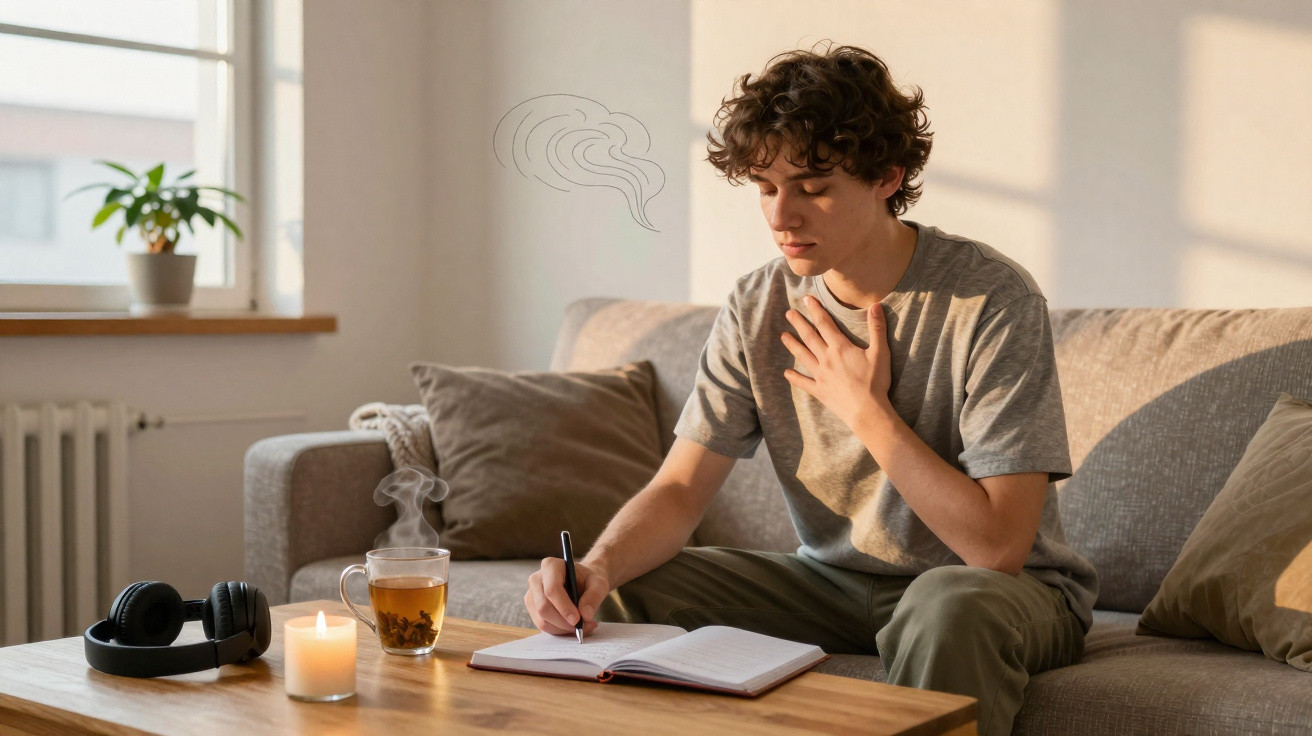 Jovem sentado no sofá com chá, escrevendo num caderno, parecendo estar com dor no peito.