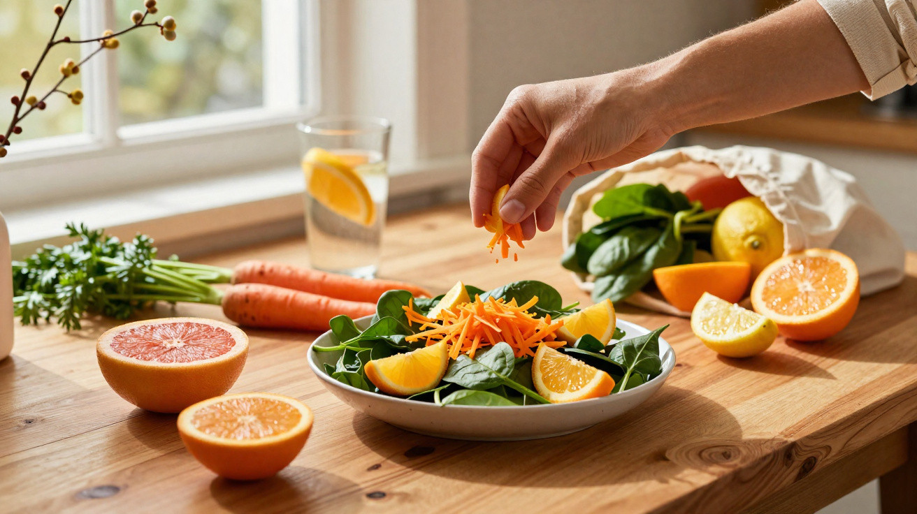 Mão a colocar cenoura ralada numa salada de espinafres com fatias de laranja numa cozinha iluminada.