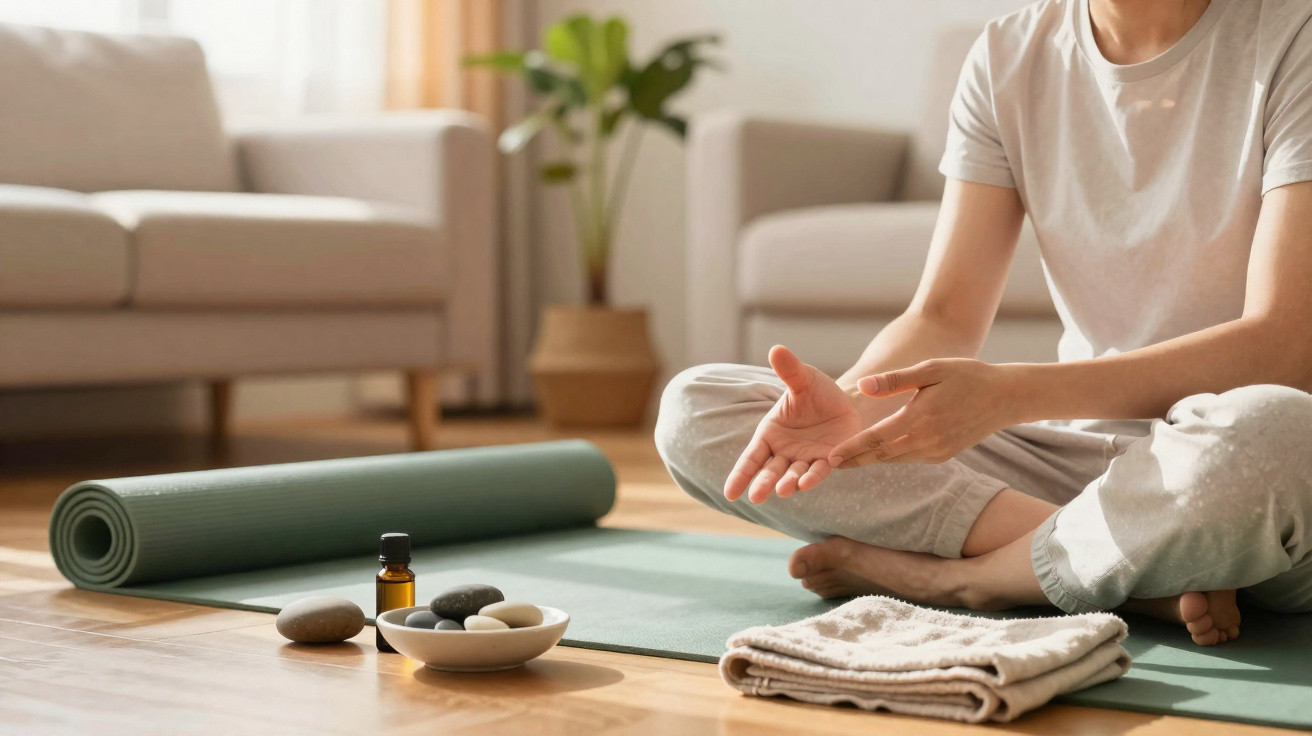 Pessoa sentada em tapete de yoga com toalhas, pedras e frasco de óleo essencial para meditação.