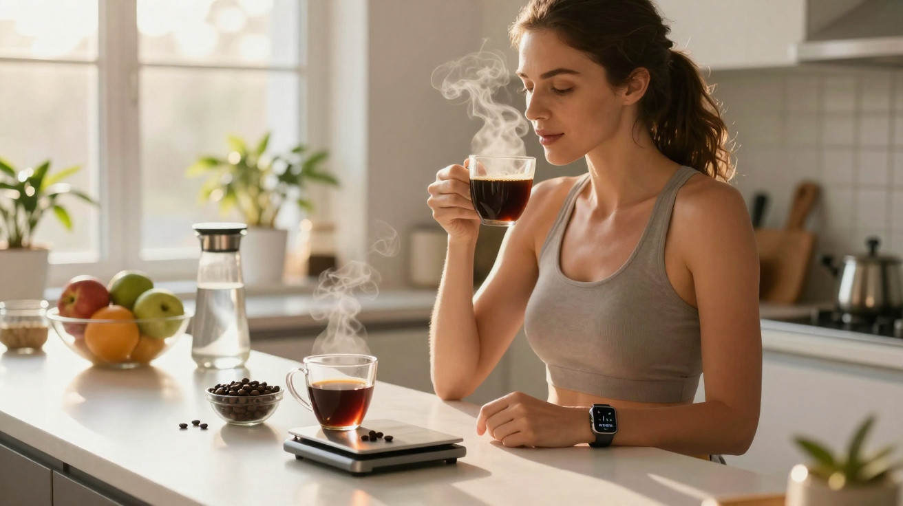 Mulher a desfrutar de uma chávena de café quente na cozinha com luz natural matinal.