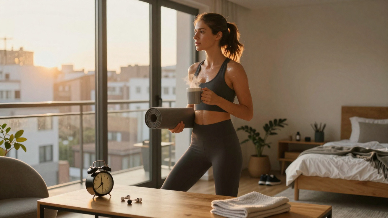 Mulher em roupa desportiva segura tapete de yoga e caneca, olhando pela janela ao nascer do sol num quarto.