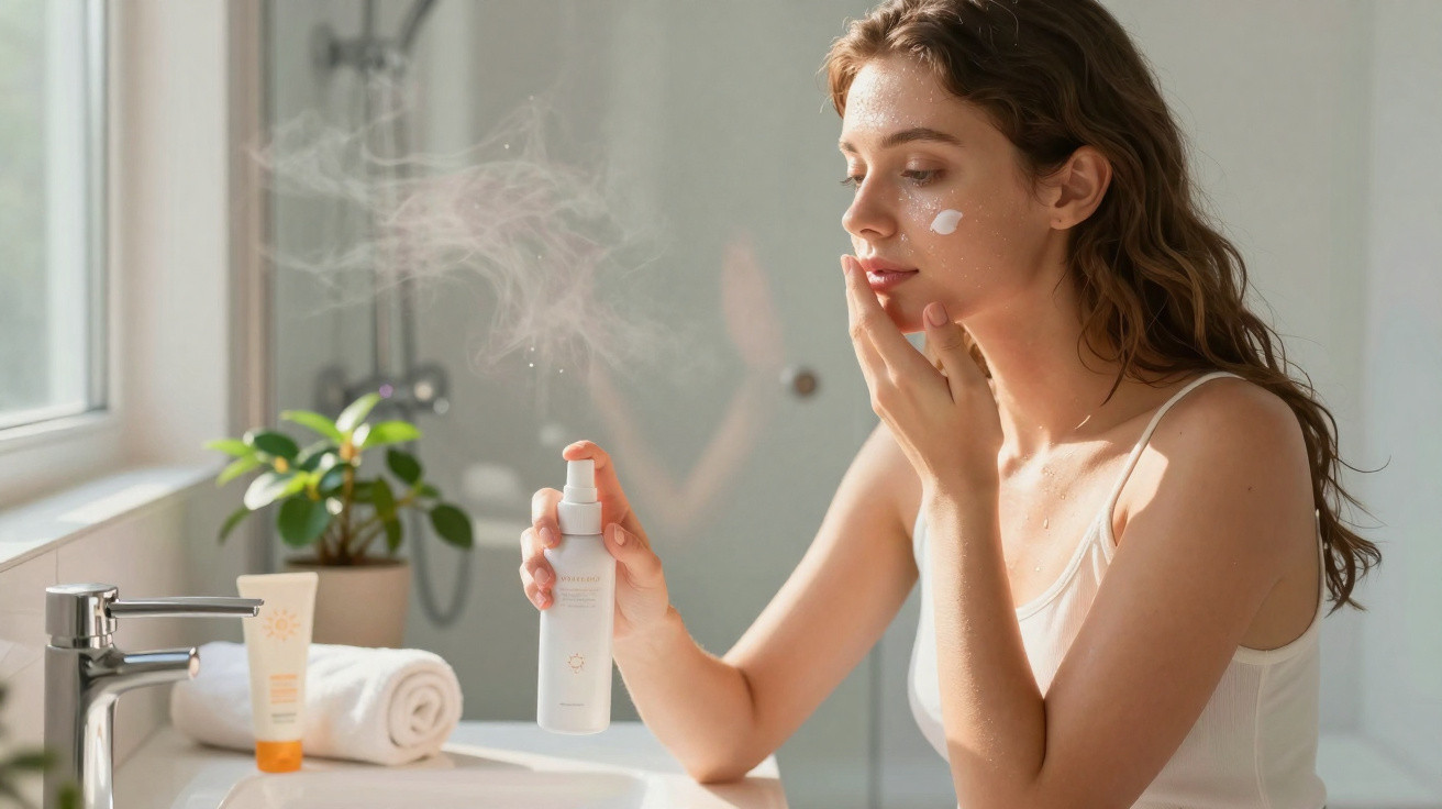 Mulher a aplicar spray facial num lavatório de casa de banho bem iluminada, com planta e toalha ao fundo.