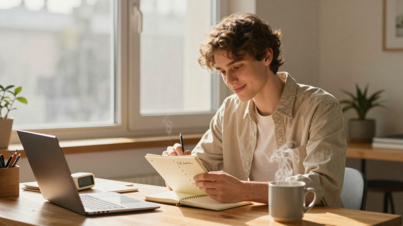Jovem sentado a escrever num caderno com computador portátil e chá fumegante numa mesa iluminada por luz natural.