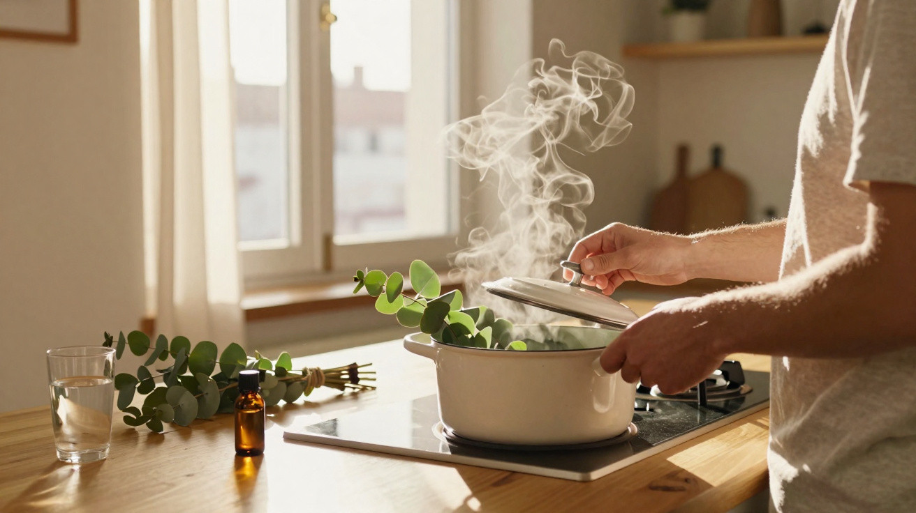 Pessoa a destapar panela com vapor e ramos de plantas num fogão numa cozinha iluminada.