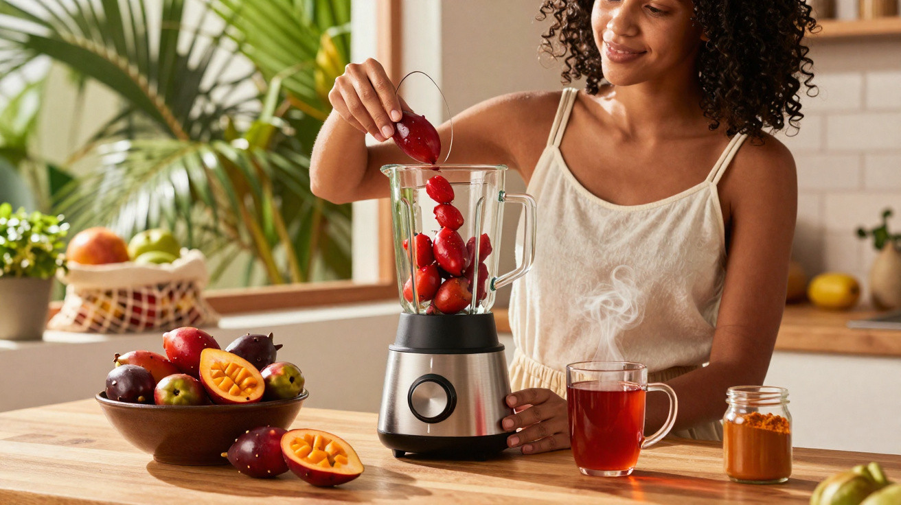 Mulher a colocar frutos vermelhos numa liquidificadora numa cozinha luminosa com frutas na mesa.