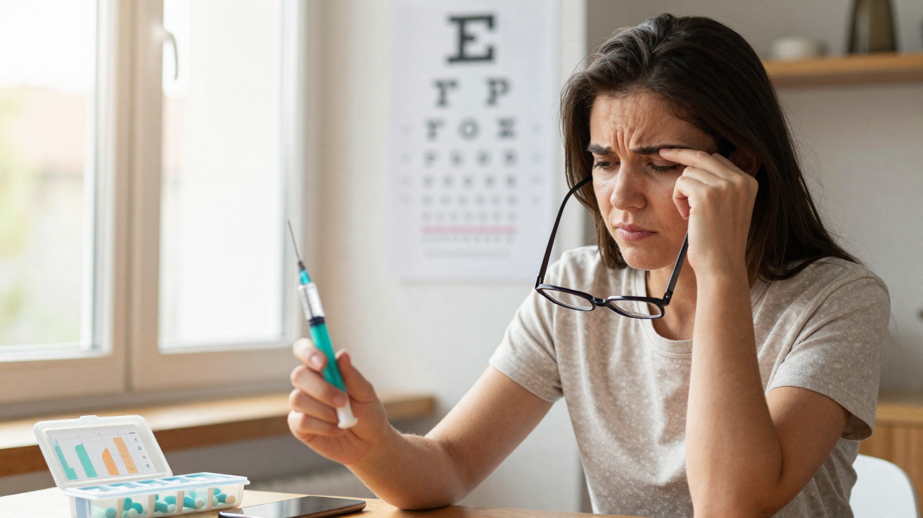 Mulher com expressão preocupada segura seringa e tira óculos em consultório com tabela de visão ao fundo.