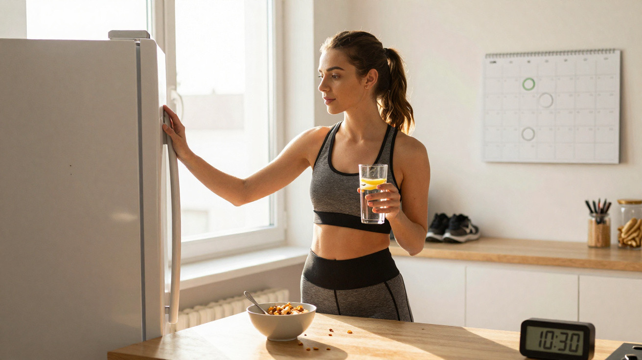 Mulher em roupa desportiva a abrir frigorífico na cozinha, segurando um copo de água com limão.