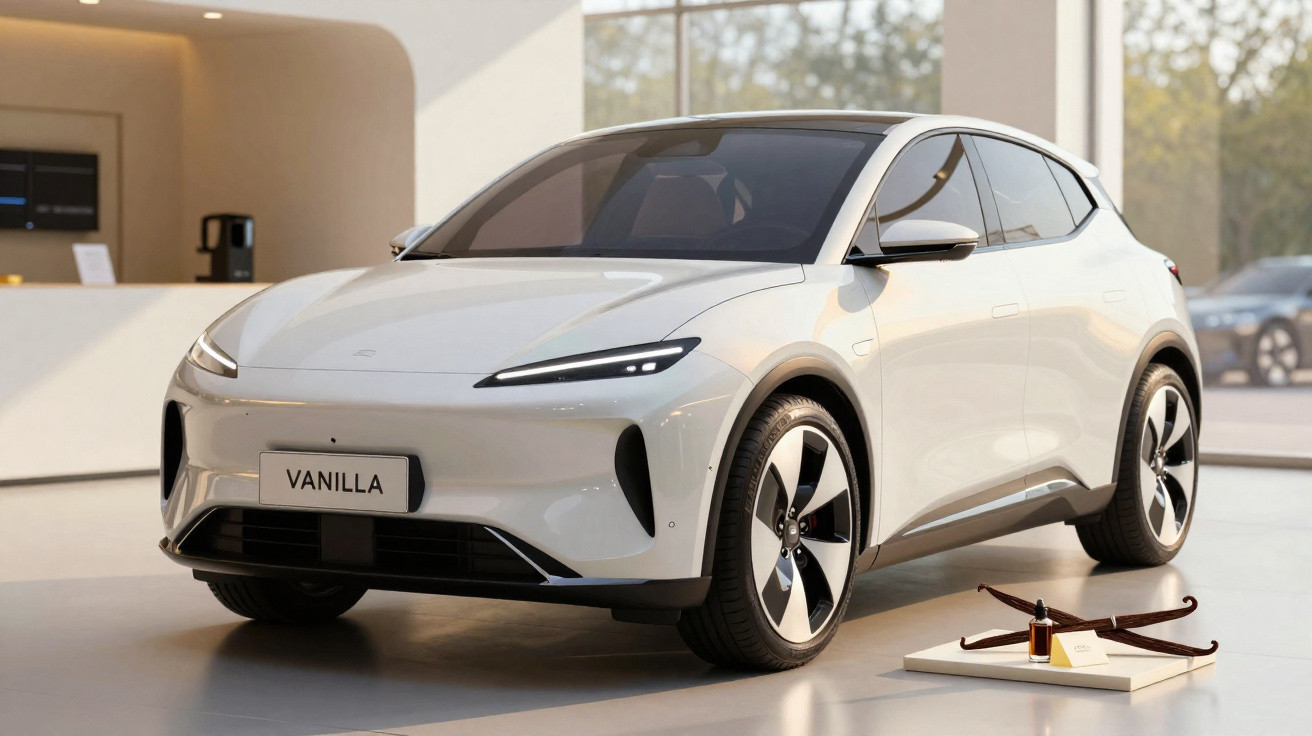 Carro eléctrico branco estilo SUV estacionado em ambiente moderno com detalhe de baunilha à frente.