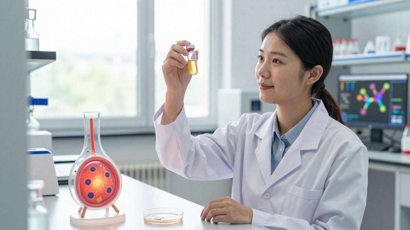 Cientista em laboratório observa frasco com líquido amarelo, ao lado de modelo de célula iluminado e placa de Petri.