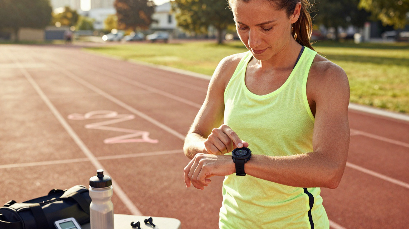 Mulher numa pista de atletismo a ver um relógio desportivo enquanto se prepara para correr.
