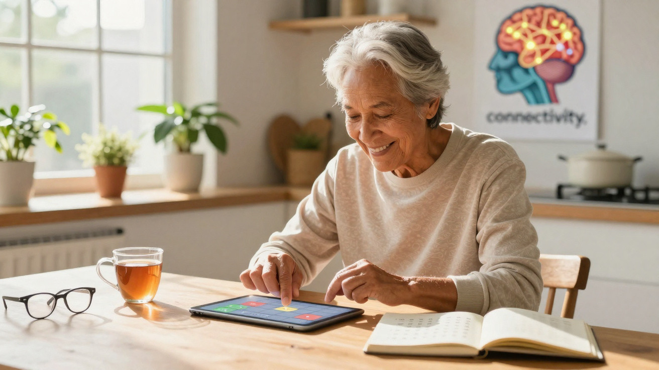 Mulher idosa sorridente usando tablet para exercícios cognitivos numa cozinha iluminada e acolhedora.
