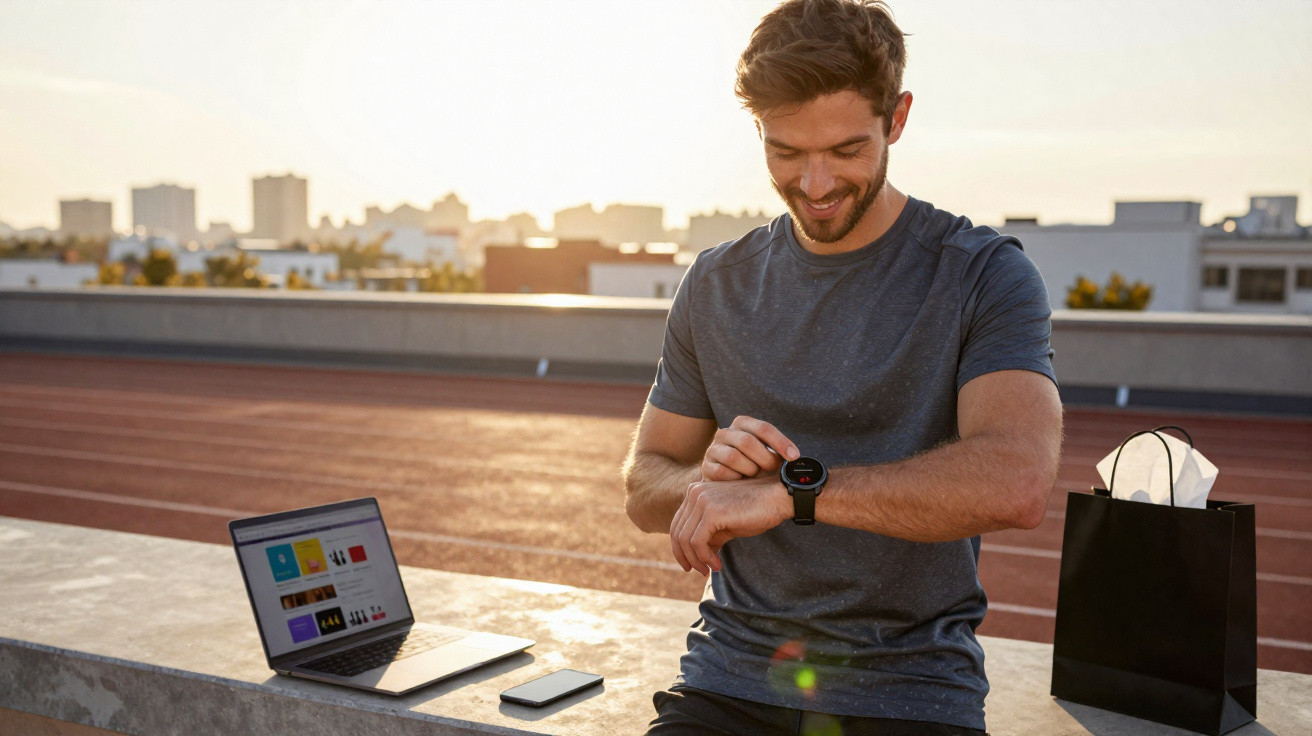 Homem sorridente sentado ao ar livre a verificar relógio inteligente com portátil e smartphone ao lado ao pôr do sol.